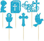Gyufise 24Pcs Boy God Bless Cupcake Toppers Glitter Dove Chalice Bible Cross Cupcake Picks First Communion Christian Baptism Theme Baby Shower Boys Birthday Party Cake Decorations Supplies Blue