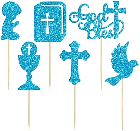 Gyufise 24Pcs Boy God Bless Cupcake Toppers Glitter Dove Chalice Bible Cross Cupcake Picks First Communion Christian Baptism Theme Baby Shower Boys Birthday Party Cake Decorations Supplies Blue
