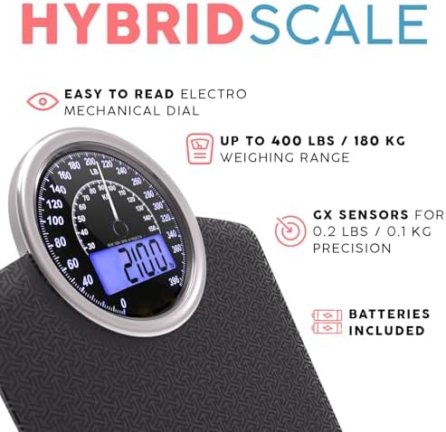 Adamson Hybrid 2-in-1 Analog & Digital Weighing Scale for Body Weight up to 400lbs - Thick Tempered Glass - Extra Large Display - Easy to Read Digital Bathroom Scale - Black Matrix with Blue Backlight