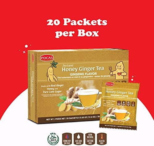 Pocas Honey Ginger Instant Tea Powder 2-Pack with Ginseng Flavor, Real Ginger Extract & Sweetener, Caffeine-Free Tea, 20 Packets