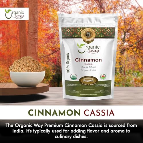 Organic Way Premium Cinnamon Cassia Cut & Sifted (Cinnamomum cassia) - Adds Flavour & Aroma | Organic & Kosher Certified | Vegan, Non GMO & Gluten Free | USDA Certified | Origin - India (1LBS / 16OZ)