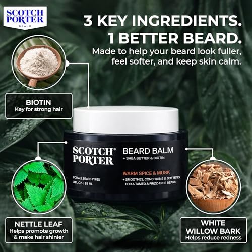 Scotch Porter Conditioning Beard Balm – Smooth, Shape, Moisturize & Soften Coarse, Dry Facial Hair while Encouraging Growth for a Fuller/Healthier-Looking Beard – Original Scent, 3 oz. Jar