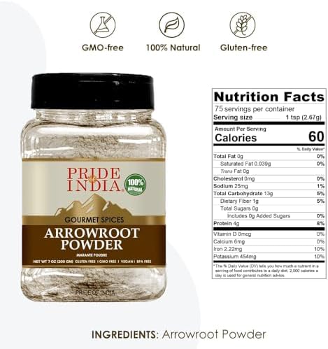 Pride of India – Natural Arrowroot Ground Powder – Baking & Thickening Agent – Gluten & GMO Free – Good for Sauces, Fritters & Fries – Easy to Use – 8 oz. Medium Dual Sifter Jar