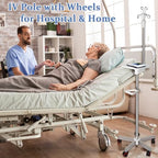 Medical IV Pole with Wheels - Stainless Steel Adjustable 57" to 79" Height IV Stand with Tray and 4 Hooks for Hospital, Home Infusion Practice and Therapy (White)