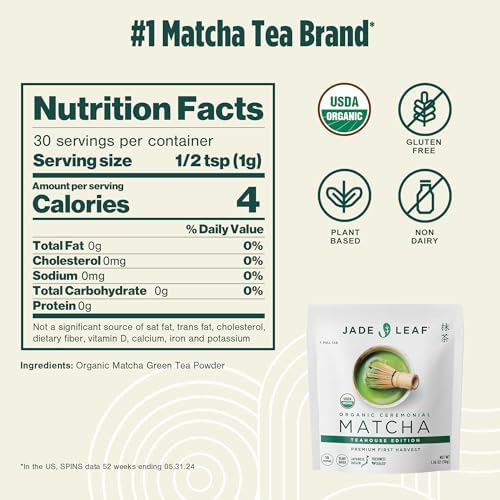 Jade Leaf Matcha Organic Ceremonial Grade Matcha Green Tea Powder - 100% Pure Japanese First Harvest Green Tea for Ceremonies, Usucha, Lattes 30g / 1.06 Oz Pouch (Pack of 1)