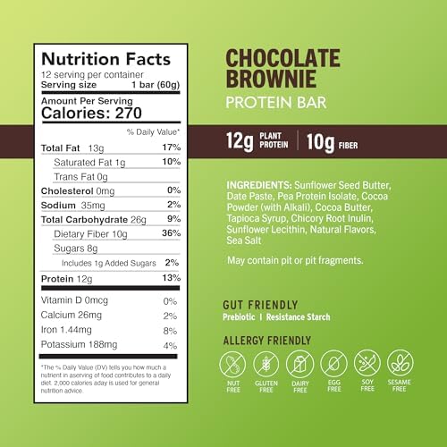 Amrita Nut Free Chocolate Brownie Vegan Protein Bars (12 Count) | 12g Plant-Based Protein Bar | Peanut Free, Gluten Free, and Dairy Free | Low Sugar, High Fiber, Healthy School-Safe Snacks