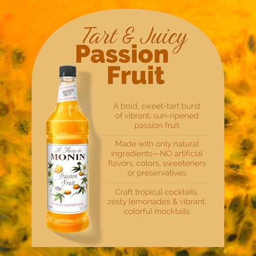 Monin - Passion Fruit Syrup, Sweet Tropical Flavors, Great for Teas, Sodas, & Cocktails, Natural Flavors, No Artificial Sweeteners or Ingredients, Gluten-Free, Vegan, Non-GMO, Clean Label (1 Liter)