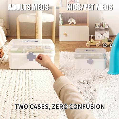 2-Pack Medicine Storage Box, Small & Large Portable Medicine Cabinet Organizer with Trays, Plastic First Aid Box Empty for Family, Medical Supply Organizer, Adult & Child Medication Separation