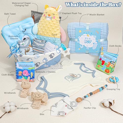 Baby Boy Gifts,Baby Shower Gifts for Boys,Large Baby Boy Gift Basket Set with Swaddle Rattle Toys,Essential Stuff,Gender Reveal Gifts for New Parents