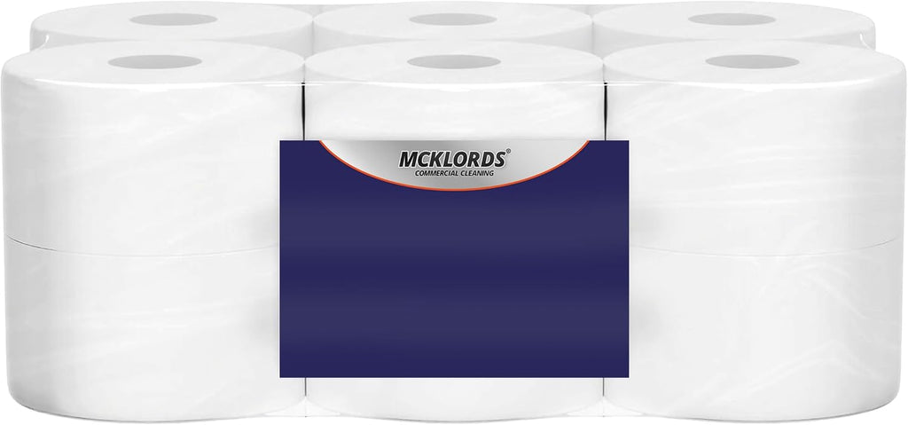 McKLords Commercial - Mini Jumbo Toilet Rolls - 150m, Pack of 12 Recycled 2 Ply Toilet Tissue, 60mm Core, Bulk Pack Ideal for Washrooms & Dispensers