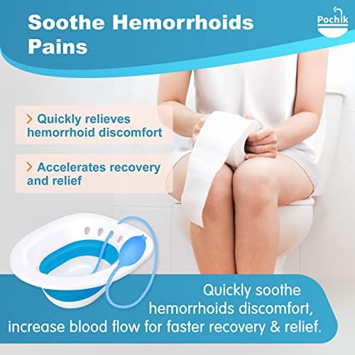 Pochik Sitz Bath for Toilet Seat Hemorrhoids and Postpartum Care, Yoni Steam Seat, Perineal Soaking, Collapsible, Flusher Hose, Drain Holes, Wider Seating Area - Blue