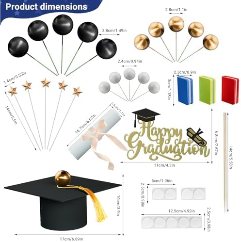 Graduation Cake Toppers - High School College Senior Supplies for 2026, 26Pcs Decorations Kit with Graduation Caps, Diploma for Party Cake Decor Cake balls Mini textbook（Black White Gold）