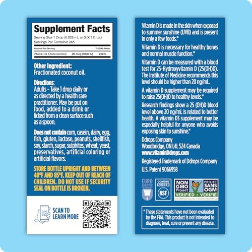 Ddrops Adults 1000IU 365 Drops - Liquid Vitamin D3 Supplement, Supporting Strong Bones & Immune System