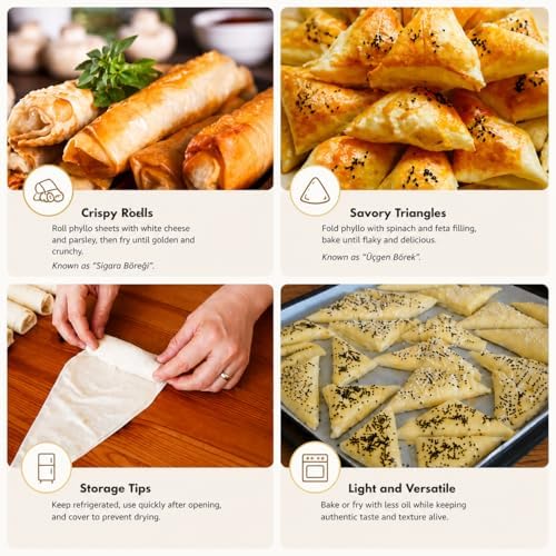 Hanabade Turkish Triangle Phyllo Dough (Üçgen Yufka) for Baklava & Börek, Pre-Baked Thin Filo Pastry Sheets, 24 Leaves, 12.7 oz (360g), Ready-to-Use Spring Roll & Pastry Wrappers