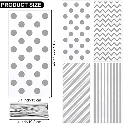 Aodaer 100 Pieces 10.6 x 5.1 In Silver Cellophane Bags Plastic Candy Gift Bags Cellophane Treat Bag with Twist Ties Stripes Polka Dot Printed Pattern Goodie Bag for Birthday Weddings Party Favors