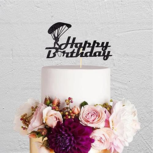 Skydiver Happy Birthday Cake Topper Skydiving Lovers Birthday Cake Decoration Parachuter Birthday Party Decors Black Glitter