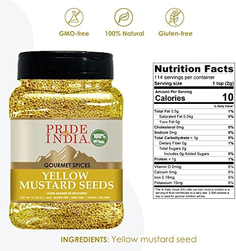 Pride of India Yellow Mustard Seeds 11 oz | Aromatic & Pungent Whole Mustard Seeds Spice for Cooking, Pickling & Tempering | Used in Curry, Salad Dressing, Chicken, Meat & Sauces | Easy to Store