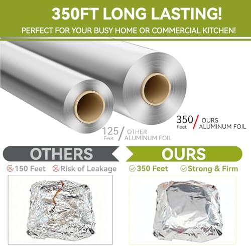 Aluminum Foil Roll, 12in x 350ft Aluminum Foil, Thick Strong Tin Foil with Cutter, Food Safe Cling Wrap for Cooking, Baking, Roasting, Grilling, Freezer Storage