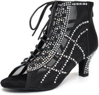 JUODVMP Dance Boots for Women Mesh Latin Salsa Short Sparkling Jazz High Heel Boots