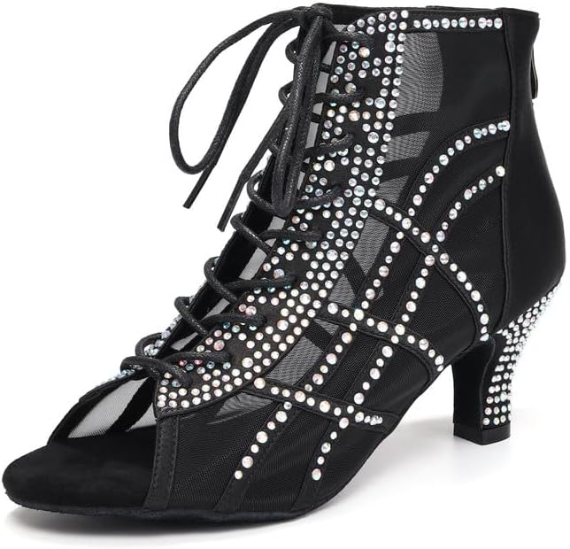 JUODVMP Dance Boots for Women Mesh Latin Salsa Short Sparkling Jazz High Heel Boots