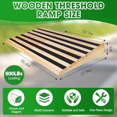 6" Rise Wooden Threshold Ramp for Home Steps, Door Ramp for Wheelchair/Walker/Cart/Scooter, Multipurpose Door Ramp with Non-Slip Stripes(35.4" W*6.0" H, Solid Wood, 800LBs Capacity)