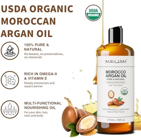 MAYJAM Organic Moroccan Argan Oil 16 Fl Oz, USDA Certified 100% Pure & Natural Carrier Oil For Dry, Damaged Skin, Hair, Face, Body & Scalp Moisturing, Massage Oils for Essential Oils Mixing (473ml)