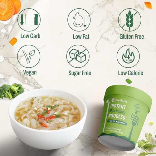Hethstia Konjac Noodles Miso Soup Cup, Low Carb Instant Shirataki Noodle, 6 Packs, Vegan, Gluten-Free, Fat-Free, Low-Calorie, Keto, Ready to Eat, Quick Healthy Asian Ramen Meal