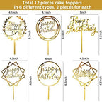Queekay 12 Pcs Acrylic Happy Birthday Cake Topper Glitter Birthday Cupcake Topper Pick Decorations for Party Cake Desserts Pastries, 6 Styles(Gold)