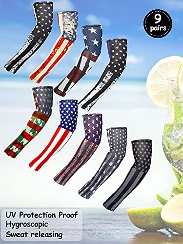Geyoga 9 pairs American Flag Arm Sleeves for Men Women, 250th Anniversary Independence Day Cooling Sun Protection Sleeves, Ice Silk Faith Cross Arm Covers for Baseball Football Cycling Outdoor Sports