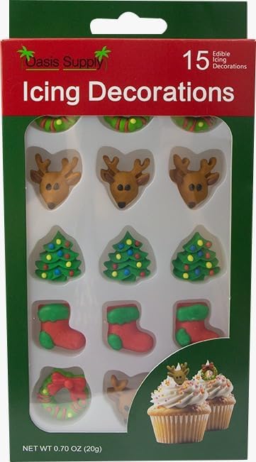 Christmas Holidays Edible Cake Decorations - Candy or Cupcake Topper - 15 Count Tree, Boot, Reindeer, Wreath
