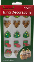 Christmas Holidays Edible Cake Decorations - Candy or Cupcake Topper - 15 Count Tree, Boot, Reindeer, Wreath