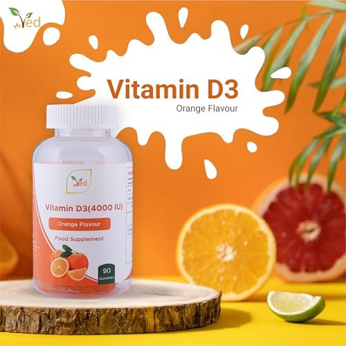 Ved Vitamin D3 Gummies for Adults 4000IU, Non GMO- Gluten Free, Orange Flavour -High Strength 90 Chewable Gummies (3 Month Supply)