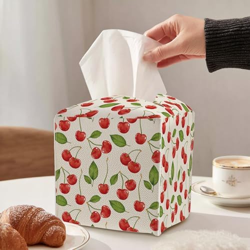 Tissue Box Cover - Red Cherry PU Leather Tissue Box Holder with Elastic Bottom Strap,5.2x5.2Inch Tissue Box Decor for Bathroom Countertop, Nightstand, Office Desk, Bedroom (Red-Cherry)