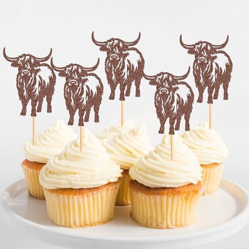Ercadio 24 Pack Highland Cow Cupcake Toppers Brown Glitter Farm Animals Brown Highland Cattle Cake Picks Gender Reveal Theme Baby Shower Kids Boys Girls Birthday Party Cake Decorations Supplies
