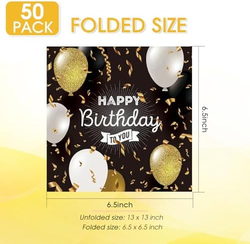 50Pcs Happy Birthday Napkins Black and Gold Napkins with Glitter Balloon Design 6.5 x 6.5 Inches Disposable Paper Napkins for Baby Shower Anniversary Birthday Party Supplies