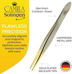 CS32 3 1/2" Gold Tipped, Surgical Grade, German Carbon Steel Tweezers (Pointed) - Flawless Eyebrow and Facial Hair Shaping and Removal for Men/Women