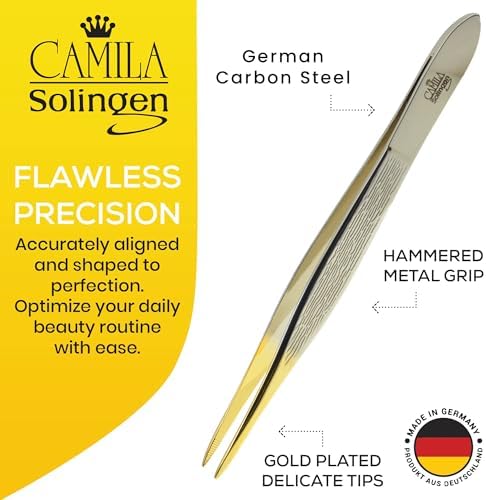 CS32 3 1/2" Gold Tipped, Surgical Grade, German Carbon Steel Tweezers (Pointed) - Flawless Eyebrow and Facial Hair Shaping and Removal for Men/Women