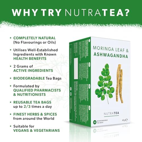 Nutra Tea - Moringa Leaf & Ashwagandha – Moringa Tea Bags, Ashwagandha Tea Bags - For Mood Support and Stress Relief - 40 Individually Wrapped Bags - Herbal Infusion (2 Pack)