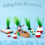 Simgoing 14 Pcs Fishing Cake Topper Decorations with Fishman Rod Float Seaweed Boat and Happy Birthday Sign for Men Fishermen Fish Themed Birthday Party Supplies