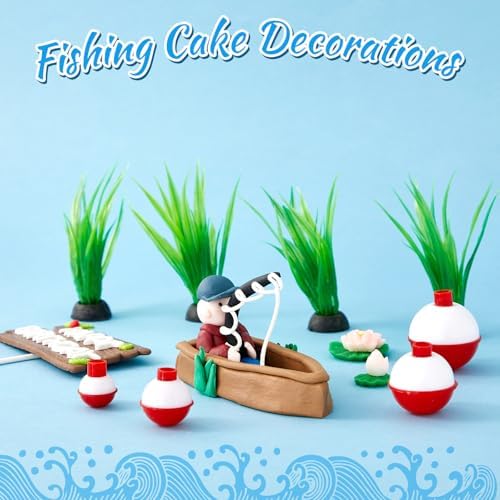 Simgoing 14 Pcs Fishing Cake Topper Decorations with Fishman Rod Float Seaweed Boat and Happy Birthday Sign for Men Fishermen Fish Themed Birthday Party Supplies