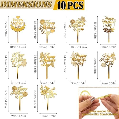 10Pcs Happy Mother's Day Cake Toppers 10 Style Acrylic Cake Topper Mother's Day Cupcake Topper Rose Theme Cake Picks Gold Acrylic Cake Toppers for Mother's Day Birthday Party Decorations