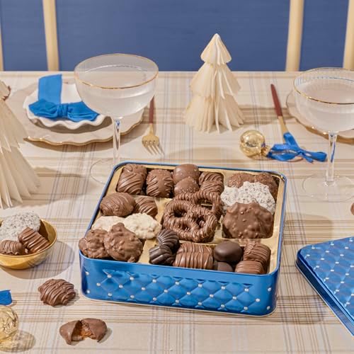 Chocolate Gift Basket, Candy Food Gifts Arrangement Platter, Gourmet Snack Box, Present Idea, Corporate Him & Her, Men Women Sympathy Family Parties & Get Well- Blue- Bonnie & Pop