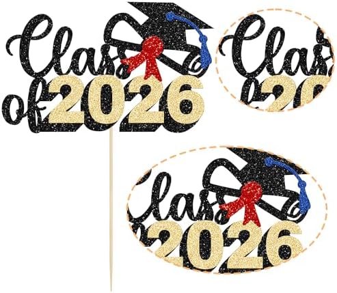 1 Pack Class of 2026 Cake Topper Gold Glitter Congrats Grad Cap 2026 Graduation Cake Pick for 2026 Graduation Theme High School Boys Girls Graduate Party Cake Decorations Supplies