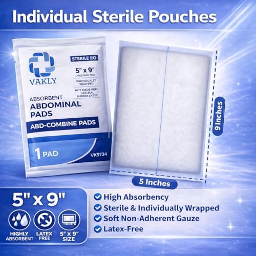 Vakly ABD Pads 5x9 Sterile (20 Pack) – Abdominal Combine Gauze Pads, High Absorbency Non-Adherent Wound Dressing for Heavy Drainage & First Aid, Individually Wrapped