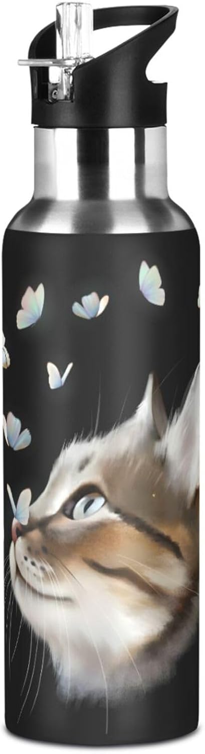 ALAZA Cute Kitten Cat with Butterfly Water Bottle with Straw Lid Vacuum Insulated Stainless Steel Thermo Flask Water Bottle 20oz