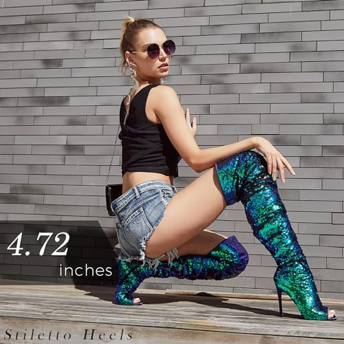 CAMSSOO Thigh High Boots for Women Sequin Open Toe Sparkly Stiletto Over The Knee Boots
