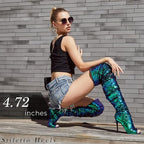 CAMSSOO Thigh High Boots for Women Sequin Open Toe Sparkly Stiletto Over The Knee Boots
