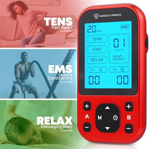 NEOCARBON TENS Unit Muscle Stimulator Pro for Back Pain Relief, Shoulder Recovery and Physical Therapy, Electronic EMS Massager Machine with PMS Pulse for Effective Shock Therapy, Red