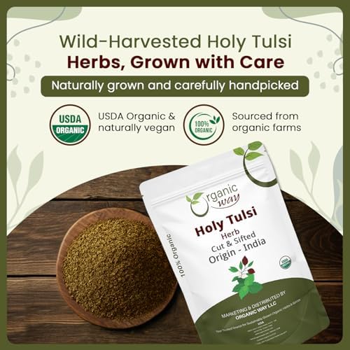 Organic Way Holy Tulsi/Holy Basil Herb Cut & Sifted (Ocimum Tenuiflorum) - Organic & Kosher Certified | Raw, Vegan, Non GMO & Gluten Free | USDA Certified | Origin - India (1/4 LBS / 4 Oz)
