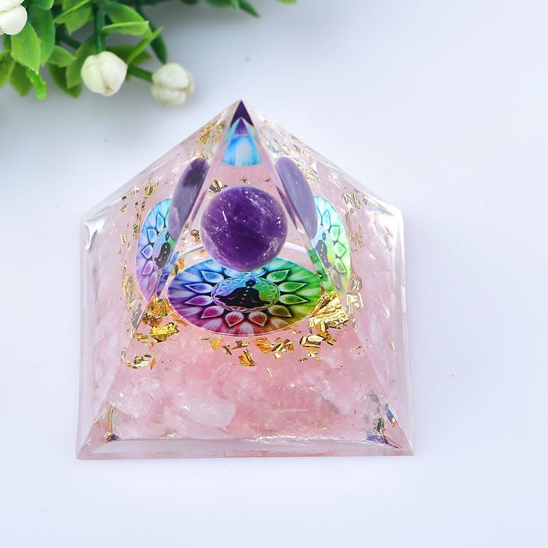 1.969in Rose Quartz Orgone Pyramid with Amethyst Sphere, Chakra Design & Gold Flakes - Crystal Energy Healing Spiritual Home Decor